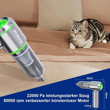 Акумуляторний ручний автомобільний пилосос 4 в 1, бездротовий міні-пилосос 22000 Па, потужний циклонний прибирання, 3 режими потужності, портативний для авто та шерсті тварин (Сріблястий)