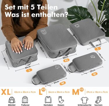 Набір компресійних органайзерів для валізи та рюкзака з нейлону, дорожні сумки-пакувальники для одягу, сірі, 5 предметів
