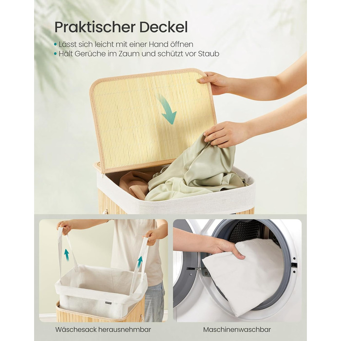 Кошик для білизни SONGMICS 95 л з кришкою, бамбук, з ручками, складний, знімний мішок, придатний для прання, для ванної кімнати, натуральний колір