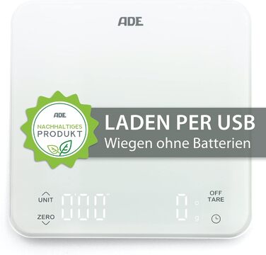 Цифрові кухонні ваги ADE з акумуляторною батареєю-USB заряджання без батареї Точні ваги для кави з вбудованим таймером до 5 кг / 1 г