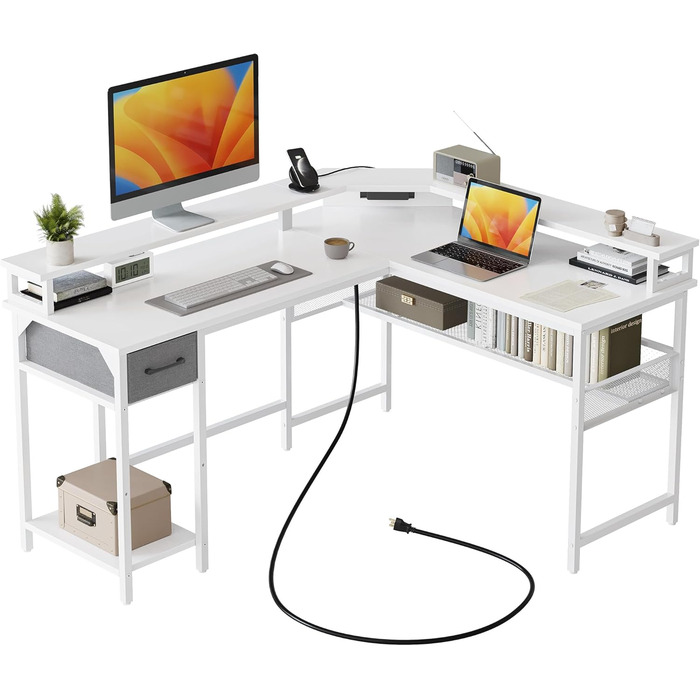 Комп'ютерний стіл CubiCubi L-подібний з розеткою, великий кутовий офісний стіл, коричневий (148 x 120 см) з LED підсвіткою