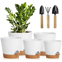 5 шт. пластикові горщики для квітів з системою поливу, 17.8/16.5/15.2/13.9/12.7 см. Самополивні кашпо з підставкою, круглі горщики для квітів, сукулентів, кактусів, кімнатних рослин, балкона та саду, зелені (білий, коричневий)