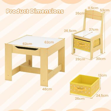 Дитячий меблевий набір GOPLUS 3в1: стіл та 2 стільці, дерев'яний, з місцем для зберігання, для дому, жовтий