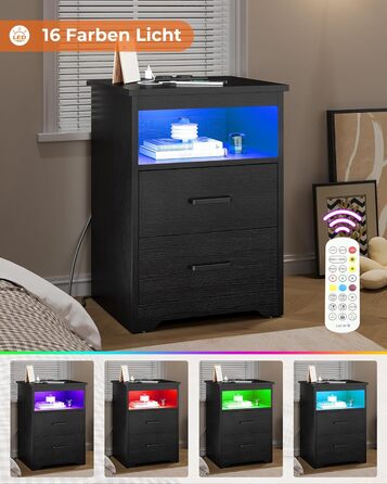 Приліжкова тумба з LED-підсвіткою, зарядною станцією та USB, 2 шухляди, чорна, для спальні та вітальні