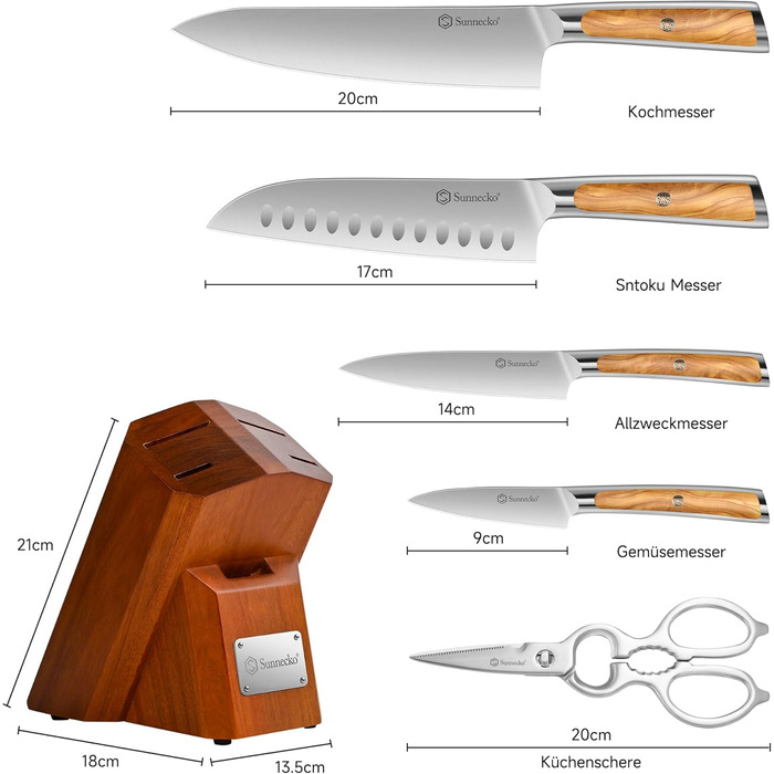 Набір ножів Sunnecko 6 шт. з підставкою – кухонний набір ножів для кухні, з ергономічними ручками та гострими лезами, з підставкою з нержавіючої сталі та акацієвого дерева