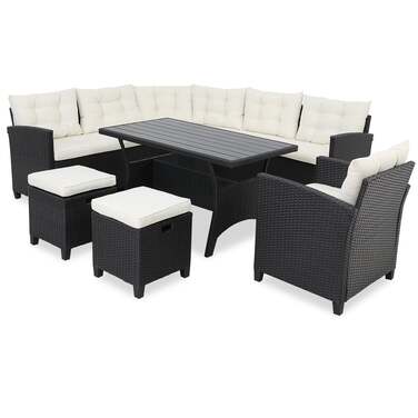Polyrattan Corner Lounge чорний/кремовий з подушкою