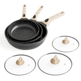 Набір сковорідок RIOVARM з індукційним покриттям та знімними ручками, антипригарний набір з кришками 20/24/28 см, без PFOA, посуд для всіх типів плит, придатний для миття в посудомийній машині та духовки (Чорний, 3 шт. з кришками та знімними ручками)