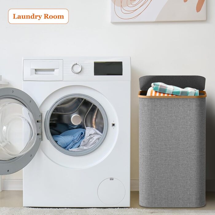 Кошик для білизни з кришкою, вузький, бамбукові ручки, внутрішня кишеня, складний, переносний, 95л, темно-сірий