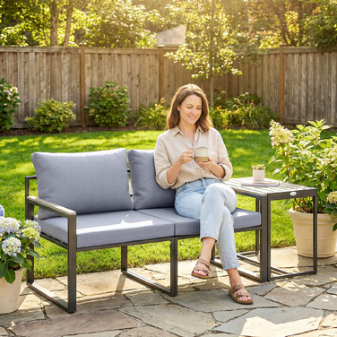 Набір садових меблів на балкон (3 шт.): 2 крісла з відкидним столиком, знімні подушки для сидіння та спинки, дихаючий матеріал, сірий колір.