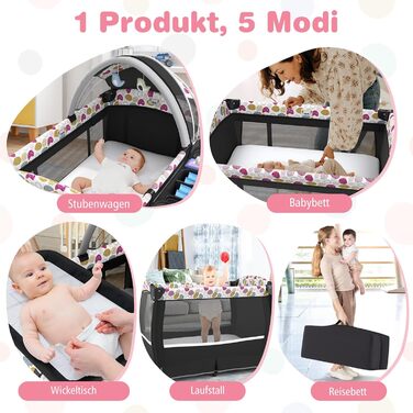 Дитяче туристичне ліжко COSTWAY 5 в 1 з матрацом, бебі-ліжко, ліжко-гойдалка з регульованим козирком, пеленальний столик, музична іграшка та сумка, до 15 кг