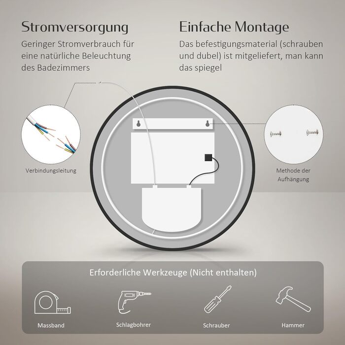 Круглий дзеркало для ванної кімнати EMKE з підсвічуванням 60 см – Чорний дзеркало з антизапарюванням, регулюванням яскравості, годинником, індикатором температури, сенсорним управлінням, функцією пам'яті, енергозберігаючий