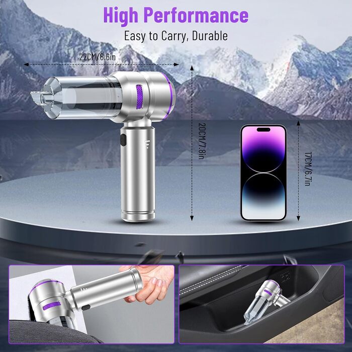 Акумуляторний ручний пилосос 4 в 1 для авто та дому, безщітковий двигун 22000Па, потужність 6000 мАг, портативний електричний пилосос-подув з набором щіток (Сріблясто-фіолетовий)