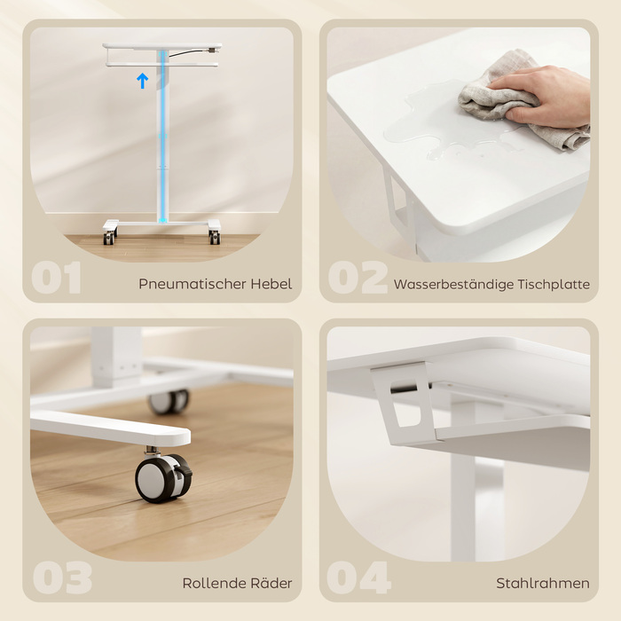 Регульований за висотою стіл для стоячи та сидіння, мобільний стіл з підставкою для клавіатури, роликами та сталевим каркасом, білий