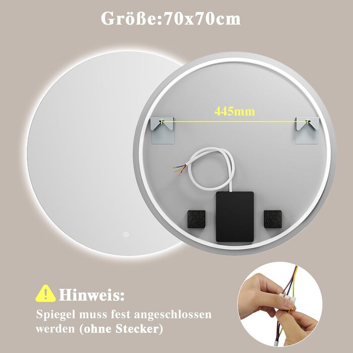 LED-дзеркало для ванної кімнати з підсвічуванням, кругле, 50 см, сенсорне управління, регулювання яскравості, функція пам'яті, HD скло, захист від вибуху, 3 кольори світла, 70x70 см