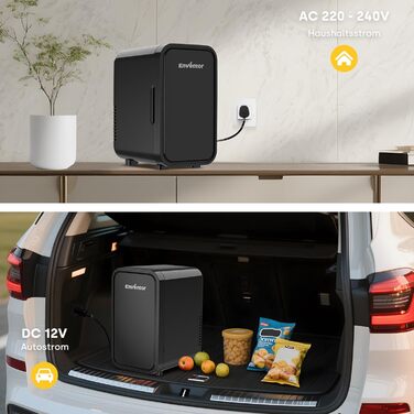 Міні-холодильник Enventor 6л (8 банок), портативний охолоджувач та підігрівач, живлення AC/DC 12V для авто, спальні, косметики та напоїв, чорний