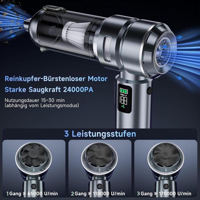 Акумуляторний ручний пилосос 24000Па для авто та дому, бездротовий міні-пилосос з функцією повітряного насоса та обдуву, 6000mAh, сріблясто-фіолетовий