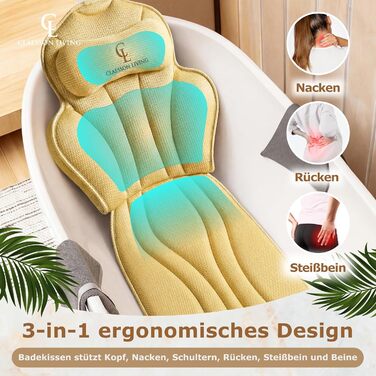 Подушка для ванни повне тіло (152x56 см) з підголівником (11 см) - підтримка шиї, спини та ніг - бежева. З сумкою для прання та подорожей, гачком для сушіння.