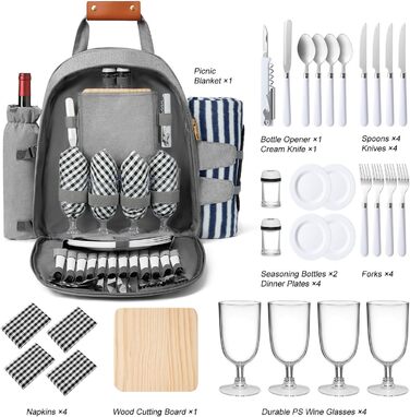 Набір для пікніка на 4 особи з термосумкою, флісовою ковдрою, столовим приладдям, для кемпінгу, пляжу, подорожей, походів (Світло-сірий)