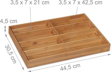 Лоток для столових приборів Relaxdays, 7 відділень, бамбук, висувний ящик, ВхШхГ 4,5x30,5x44,5 см, натуральний
