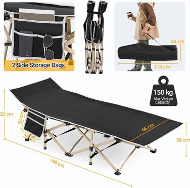 Розкладне ліжко для кемпінгу Yaheetech, похідна шезлонг-ліжка з кишенею та сумкою для транспортування, витримує до 150 кг, чорне