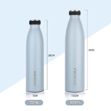 Пляшка для пиття з нержавіючої сталі TITIROBA, 1 л, термос, герметична пляшка для води, з подвійними стінками, без бісфенолу А, холодна на 24 години і гаряча на 12 годин (синя, 750 мл)
