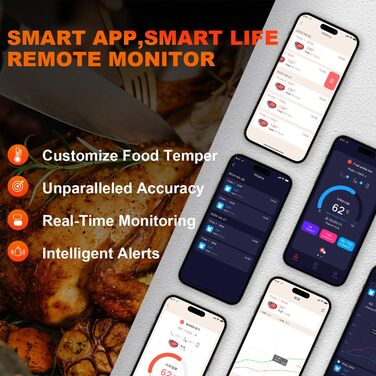 Бездротовий термометр для м'яса, цифровий кухонний термометр з бездротовим зондом, дальність 150 м, термометр для продуктів, сумісний з iOS & Android, попередньо запрограмовані температури для BBQ, духовки