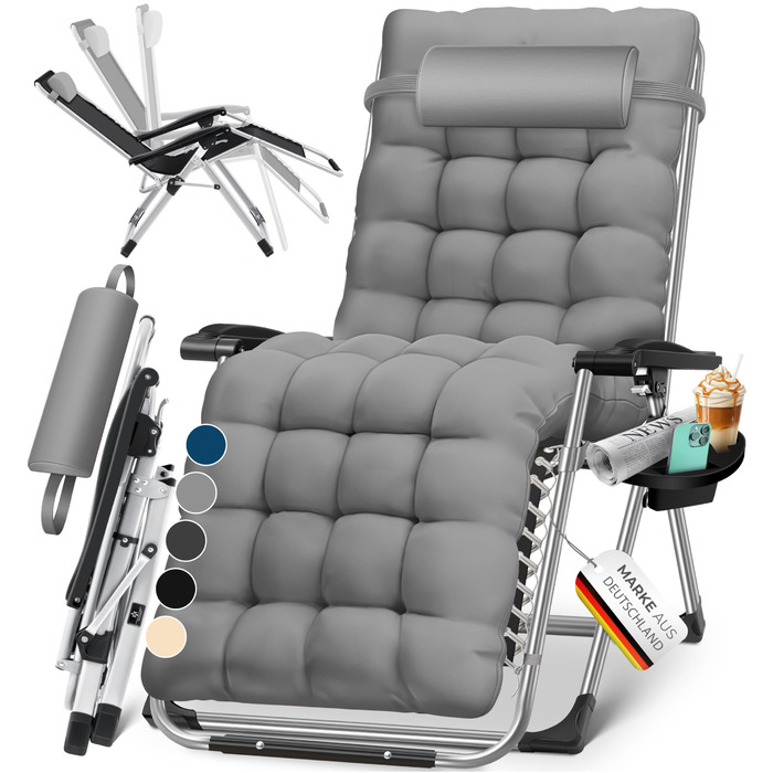 Шезлонг KESSER® для саду, розкладний, вологостійкий, 200 кг, з подушкою, регульована спинка, підголовник та тримач для напоїв, сірий