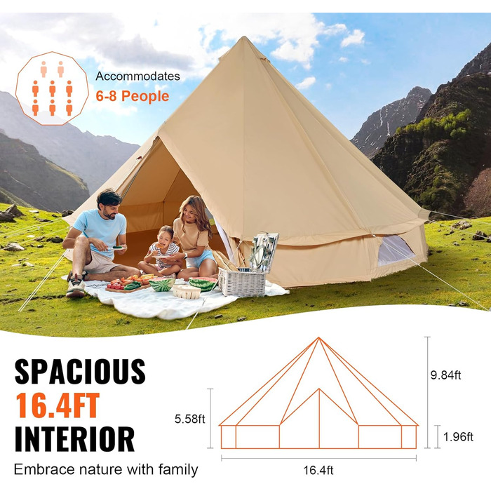 Намет-юрта VEVOR Glockenzelt 3-7м бавовняний TC, для 6-12 осіб, з посиленим каркасом та PVC підлогою - для кемпінгу та відпочинку