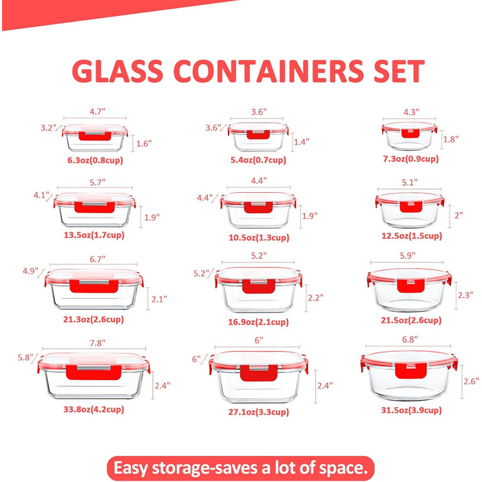 Набір скляних контейнерів Komuee 24 шт. для зберігання продуктів, з кришками, BPA-free, для мікрохвильовки та посудомийної машини (12 контейнерів та 12 кришок), червоний