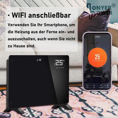 Конвектор DONYER POWER 2500W з Wi-Fi, чорний, з таймером та пультом, скло, для дому