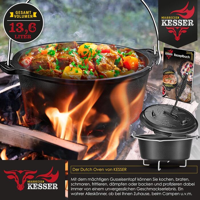 Набір чавунних казанів KESSER Dutch Oven для гриля та BBQ, 7.3 л, з підставкою з нержавіючої сталі, кришкознімачем та отвором для термометра, для використання на відкритому повітрі та вдома