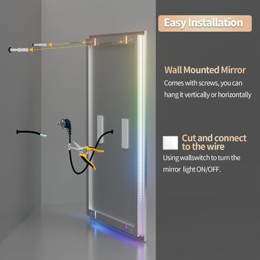 Дзеркало для ванної кімнати LED LUVODI 40x50 см з підсвічуванням, сенсорним вимикачем, 3 кольорами, протитуманне, RGB, Bluetooth, 90x70 см