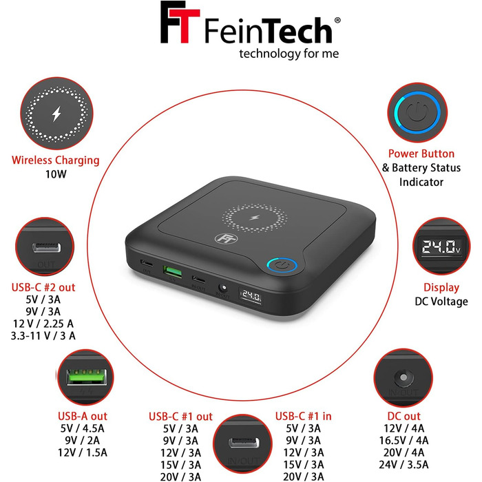 Роз'єм FeinTech PLG02400 ноутбука Powerbank 60 Вт PD USB-C та DC для ноутбука, MacBook, iPad, планшета, смартфона, камери, Nintendo Switch, бездротової зарядки 10 Вт, 88 Втгод, 24000 мАг, 122 x 122 x 28 мм