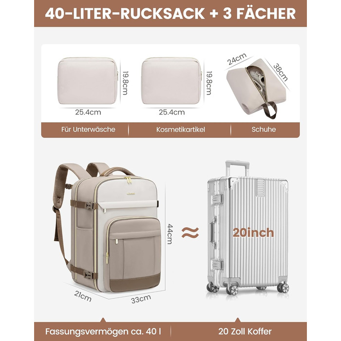 LOVEVOOK Рюкзак для ручної поклажі, 40L, жіночий, водонепроникний, для ноутбука 17