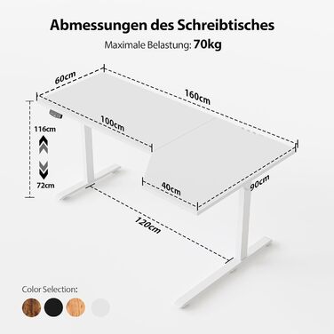 Електричний стоячий стіл Agilestic L-подібної форми 160 см, регульована висота, для дому та офісу, ергономічний стіл з роздільною панеллю, білий (160 x 90 см)