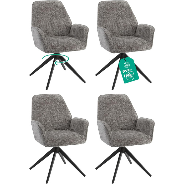 Обідні стільці (набір 4) - поворотні на 360°, м'який велюровий матеріал, функція повернення, сучасний дизайн, легка збірка, без PFC, сертифікат Oeko-TEX® (темно-сірий)
