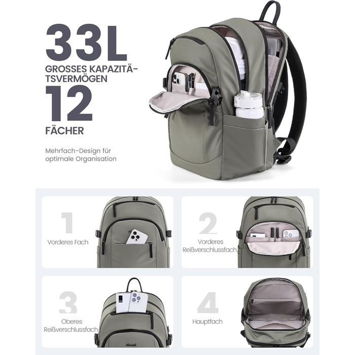 LOVEVOOK Рюкзак для ноутбука, водонепроникний, сірий/зелений, 17.3 дюйми - для жінок та чоловіків, універсальний, для роботи, навчання, подорожей