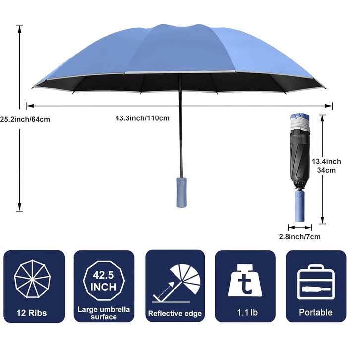 Штормонепроникна парасолька KunpengZen, 12 ребер, автоматичний, складний, світловідбиваючий, водонепроникний, синій