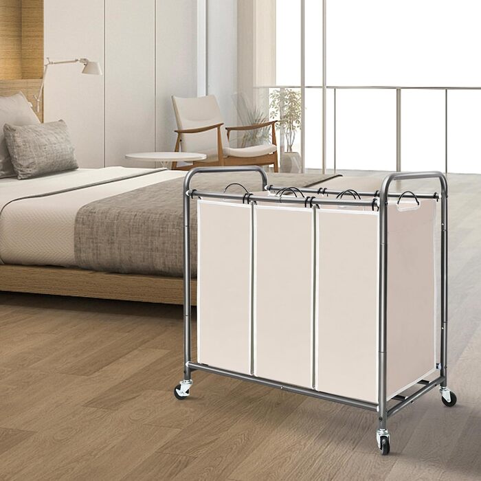 Сортувальник для білизни Storage Maniac з 3 відділеннями, 136 л, з міцними колесами, знімні кишені, кошик-органайзер для одягу (Бежевий)