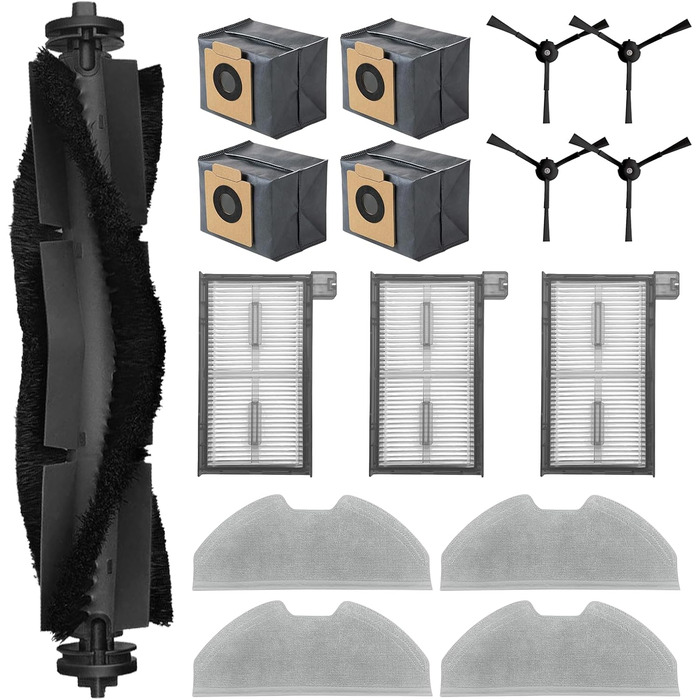 Набір аксесуарів X8 Pro для робота-пилососа eufy X8 Pro, 1 основна щітка, 4 бічні щітки, 3 фільтри HEPA, 4 серветки та 4 мішки для пилу, запасні частини Аксесуари для eufy X8 Pro, 16 шт.