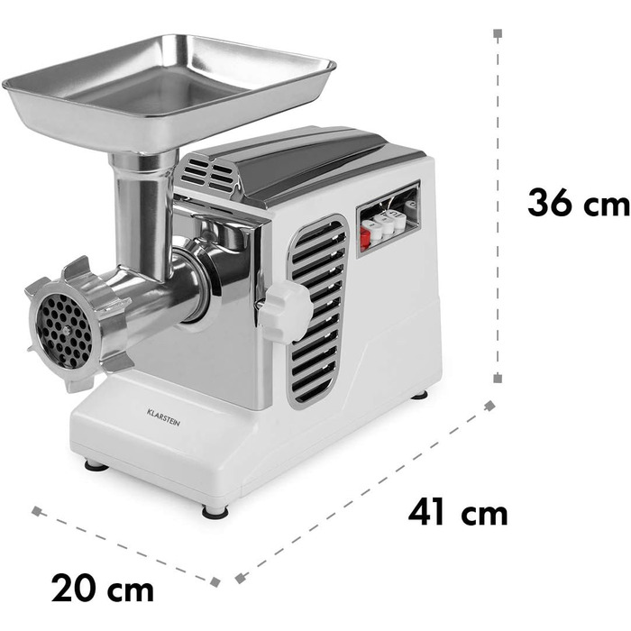 М'ясорубка Klarstein Kraftprotz, 700 Вт, блокуюча потужність 1800 Вт, мідний двигун, 2 швидкості, білий/сріблястий