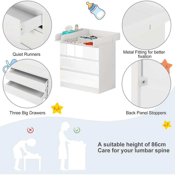 Комод-пеленальник WOLTU з пеленальним столиком, 3 висувні ящики, захист від перекидання, 86 см, білий