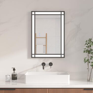 Дзеркало для ванної кімнати AQUABATOS LED з підсвічуванням 50x70 см, імітація вікна, сенсорне регулювання, антизапар, чорний алюмінієвий каркас, індустріальний стиль