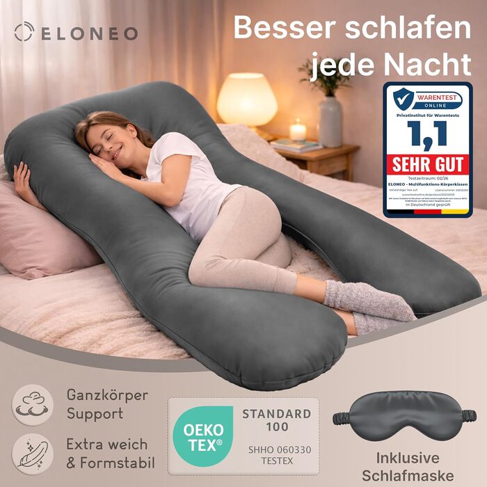 Подушка для вагітних ELONEO NEU для сну на боці, подушка для годування, XXL, антрацит. Комфортна подушка для вагітності, читання, пральна