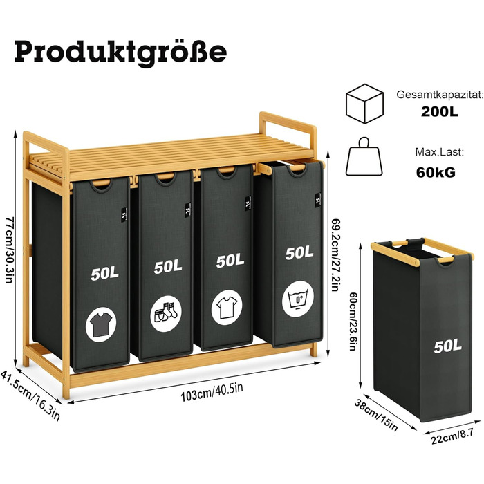 Кошик для білизни AdelDream Premium 200L з 4 відділеннями, висувний та знімний мішок для білизни з бамбуковим каркасом, сірий – кошик для білизни та органайзер для ванної кімнати та спальні