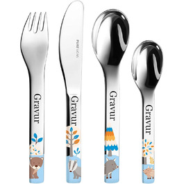 Дитячий набір посуду Kinderbesteck Friends з зображенням тварин та індивідуальною гравіюванням/іменем (лісові тварини: ведмідь, барсук, кабан)