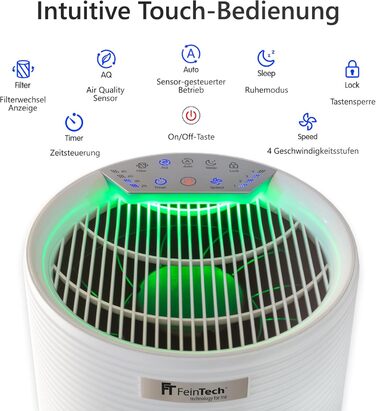 Повітряочисник FeinTech для курців з активованим вугільним фільтром, HEPA 13, до 45 м², для алергіків, проти запахів, пилу, пилку, шерсті тварин та Aerosole, FLR00100
