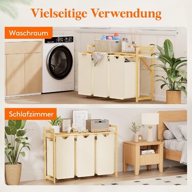 Кошик для білизни Lifewit з бамбуковим каркасом, 150 л, 3 відділення, білий. Сортер для одягу, рушників, іграшок. Розміри: 96 x 33.4 x 72 см