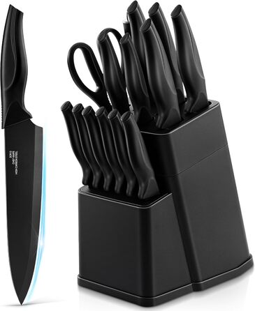 Набір кухонних ножів TEAMFAR 15 предметів з підставкою, нержавіюча сталь, з точильним каменем, антипригарне покриття, чорний