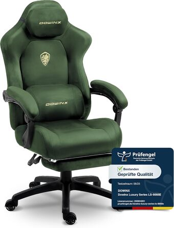 Ігрове крісло Dowinx з масажем попереку, регульованою підголівником, потовщеним сидінням, висувною підніжкою, регульованими підлокітниками, мікрофіброю велюром, нахилом 160°, (зелене)